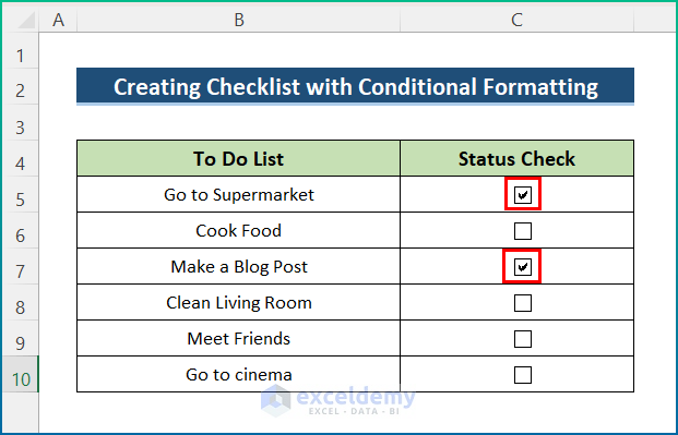 Marque las casillas de verificación para hacer que el formato condicional de la lista de verificación en Excel