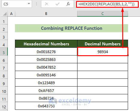 Combining REPLACE Function to Convert Hexadecimal to Decimal in Excel
