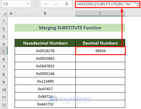 Incorporating SUBSTITUTE Function to Convert Hex to Decimal in Excel