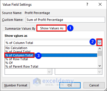 Choose percentage option in pivot table to convert number