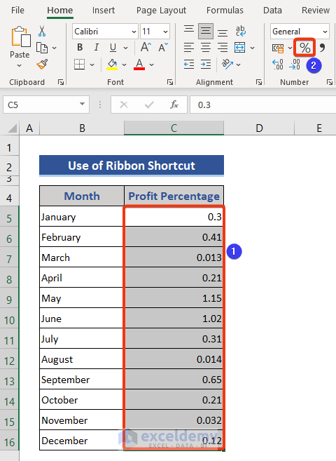 Ribbon shortcut to Convert Number to Percentage in Excel
