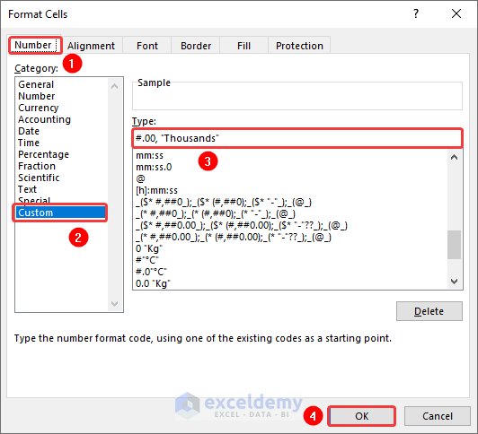 Formato de ventana de celdas para agregar sufijo como "miles" con texto de formato personalizado en Excel