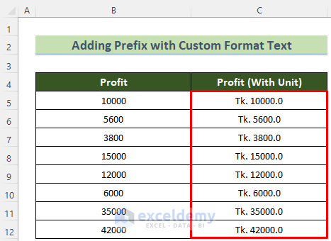 Prefijo agregado con texto de formato personalizado de Excel