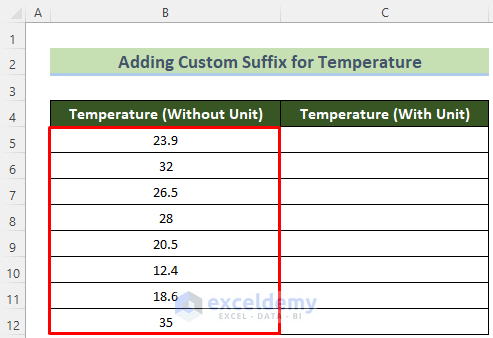 Conjunto de datos de muestra para agregar sufijo para temperaturas