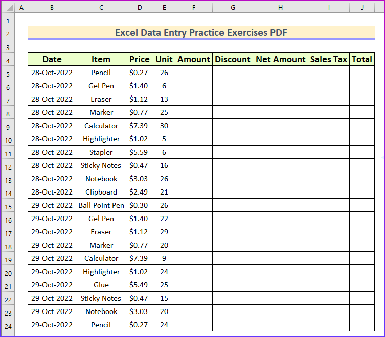 Problem Overview of Excel Data Entry Practice Exercises PDF