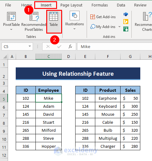 Insert Table to Create Excel Data Model Relationships