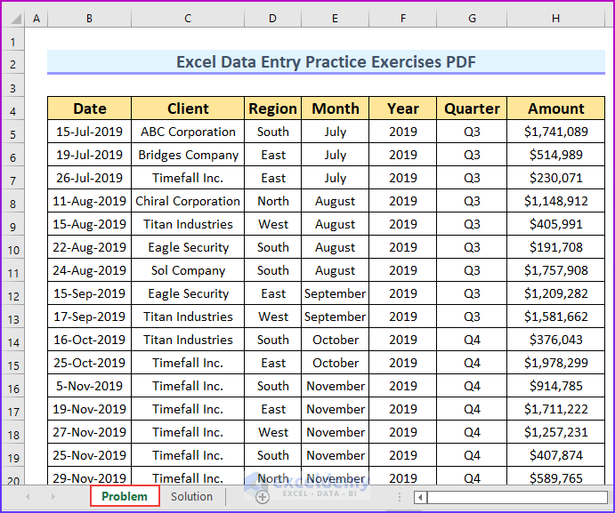 Problem Overview of Excel Data for Pivot Table Practice