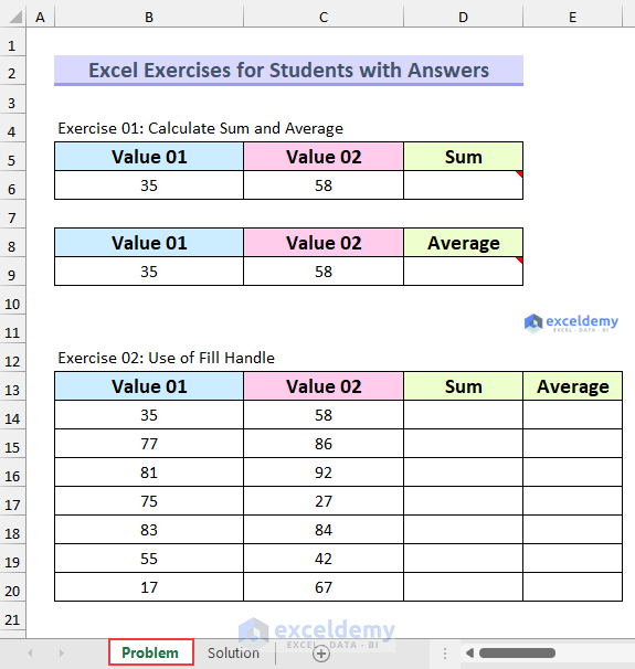 Problem Overview of Excel Exercises for Students with Answers