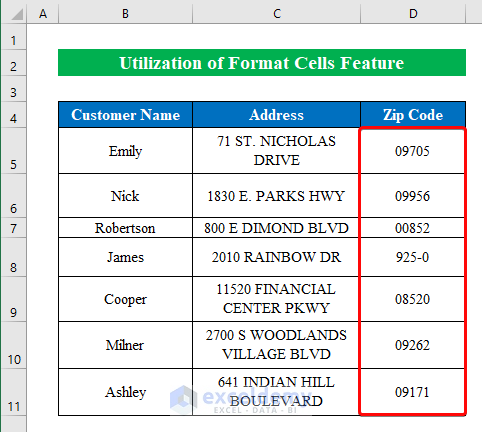 Utilize Format Cells Feature to Format Zip Code to 5 Digits