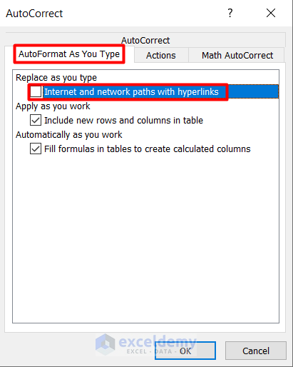 Apply Autocorrect Option to Prevent Auto Hyperlink in Excel