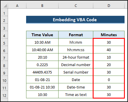 Applying VBA Code to Get Minutes in Excel