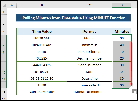 Extracting Minutes from Time Value Using MINUTE Function