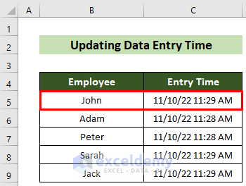 Updated Data Entry Time in Excel