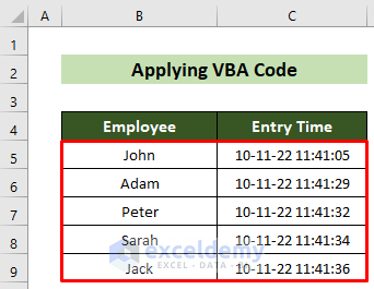 All Data Entry Time Recorded in Excel