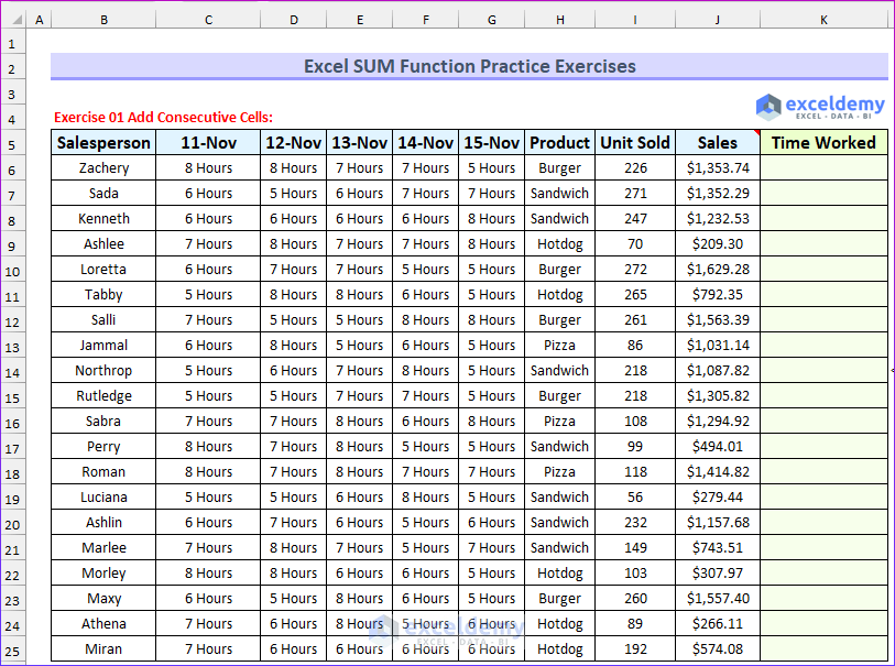 Problem Overview of Excel SUM Function Practice Exercises