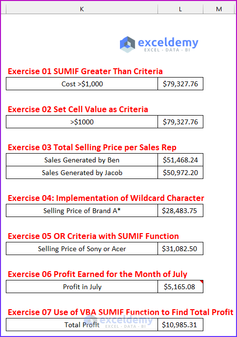 Excel SUMIF Practice Exercises