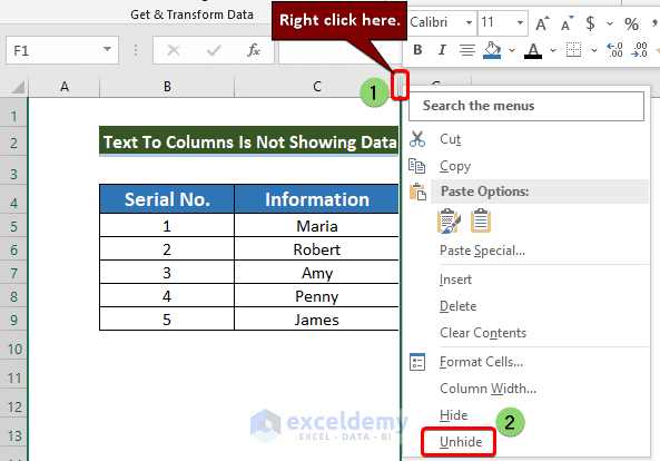 Start by putting your mouse cursor on the hidden column
