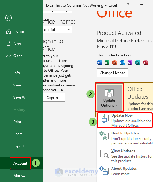 Follow the steps to update the Office account