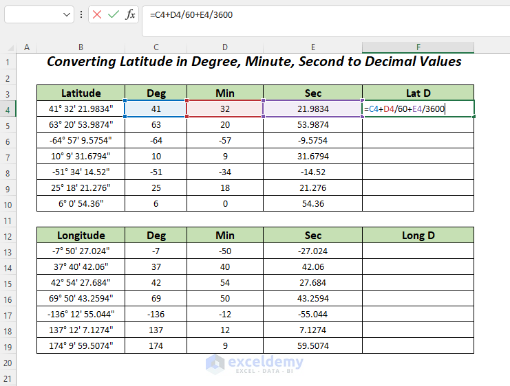 Applying formulas to Decimal Values for making Excel latitude longitude converter