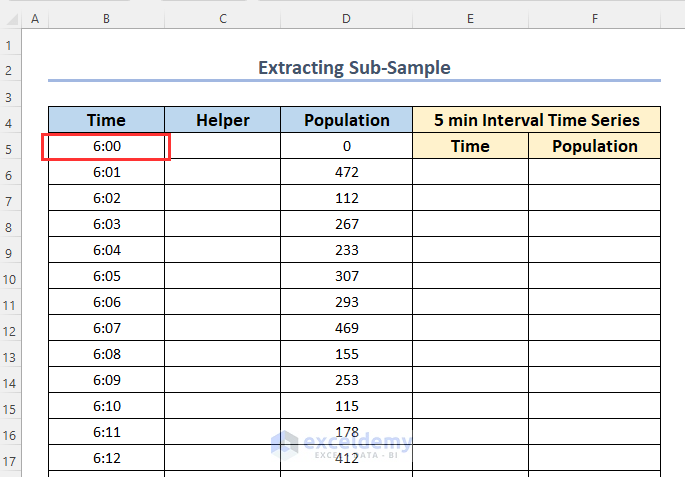 Extracción de una submuestra de datos de muestra más grandes para volver a muestrear series temporales en Excel