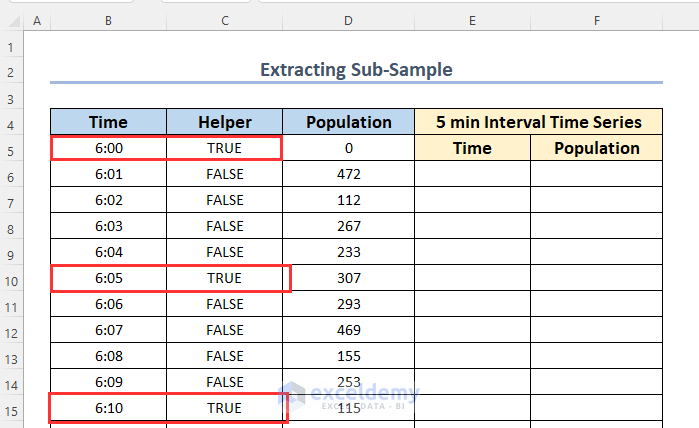 Extracting a Sub-Sample from a Larger Sample Data to Resample Time Series in Excel