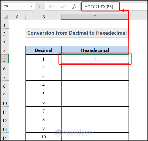 Convert Decimal Numbers to Hex Format Using DEC2HEX Function in Excel