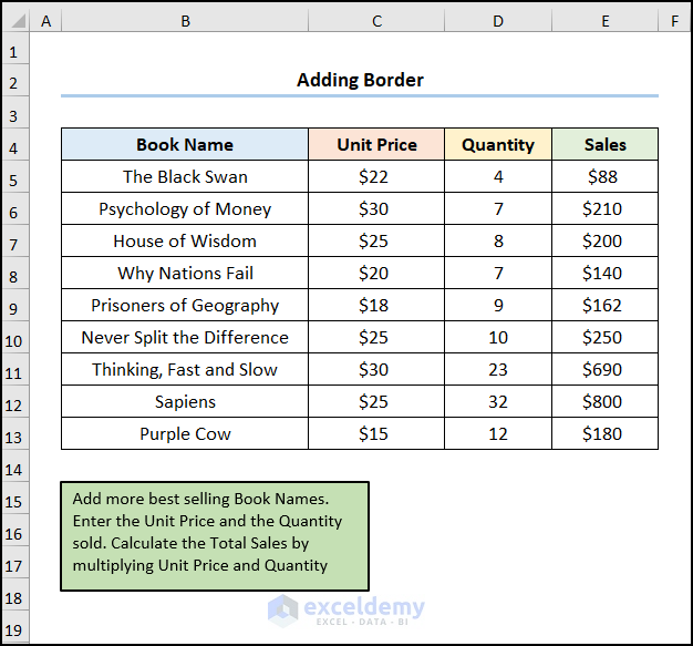 excel text box formatting with Border