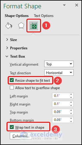 Selecting resize and wrap text option