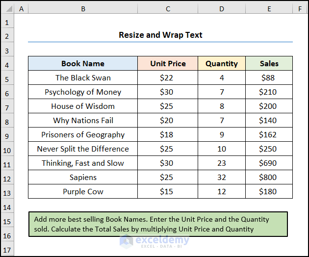 excel text box formatting with resizing and wrap text