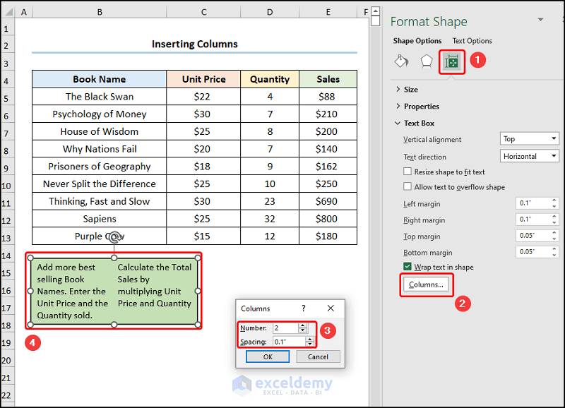 excel text box formatting with Inserting Columns