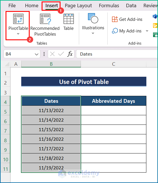 Use Pivot Table with Format DAX Function to Abbreviate Days of the Week in Excel