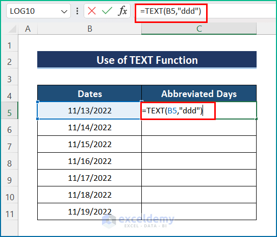 Apply TEXT Function to Abbreviate Days of the Week in Excel
