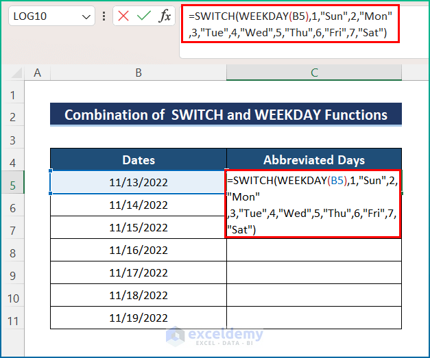 Return Abbreviated Days by Joining SWITCH and WEEKDAY Functions