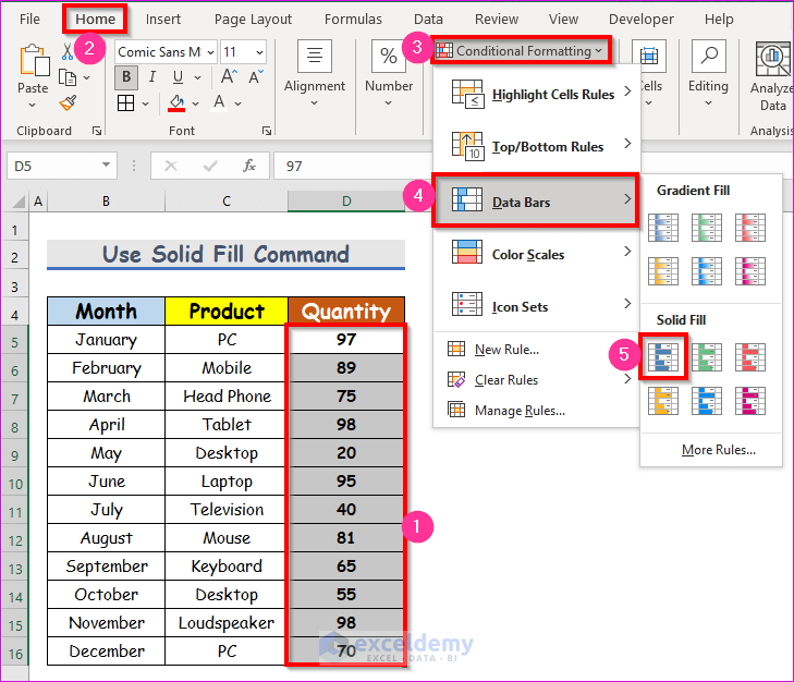 Use Solid Fill Command with Conditional Formatting to Add Blue Data Bar