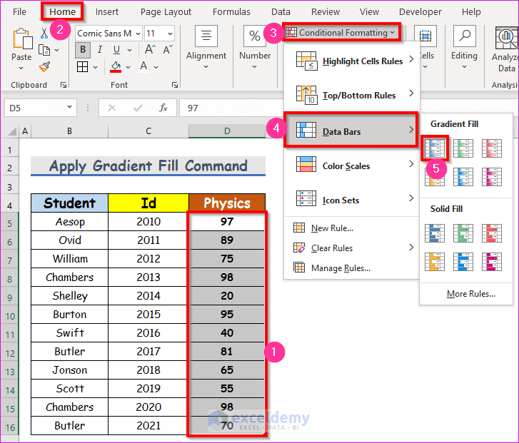 Apply Gradient Fill Command with Conditional Formatting to Add Blue Data Bar