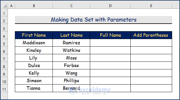Making Data Set with Parameters to add parentheses with CONCATENATE Function in Excel