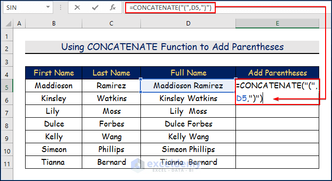 Using CONCATENATE Function to Add Parentheses in Excel