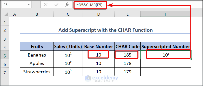 Add Superscript with the CHAR Function