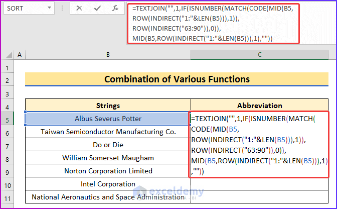 Combining Various Functions as An Easy Method to Apply Abbreviation Using Formula in Excel
