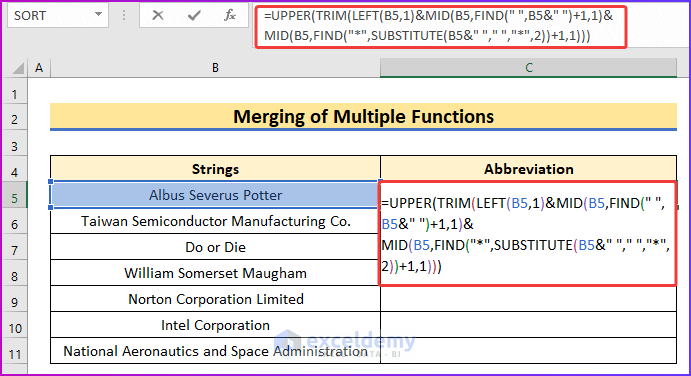 Merging Multiple Functions as An Easy Method to Apply Abbreviation Using Formula in Excel