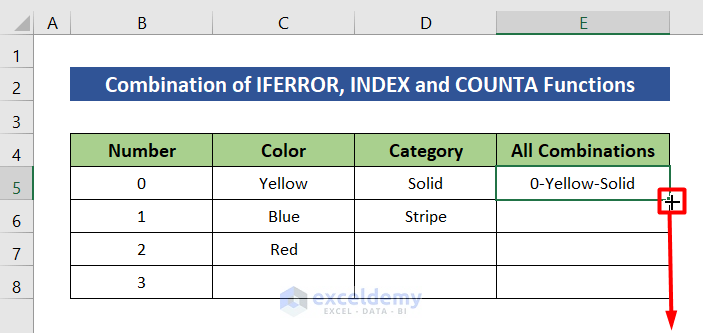 Use IFERROR, INDEX and COUNTA functions to apply all combinations of 3columns in Excel