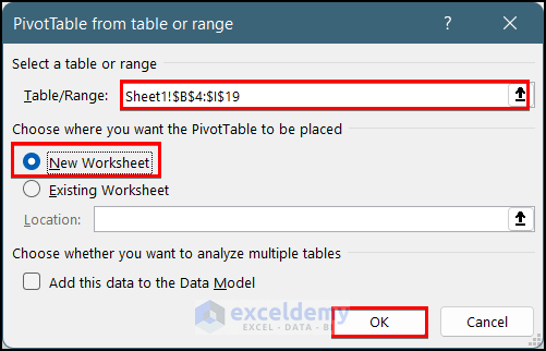 Selecting data range for pivot table