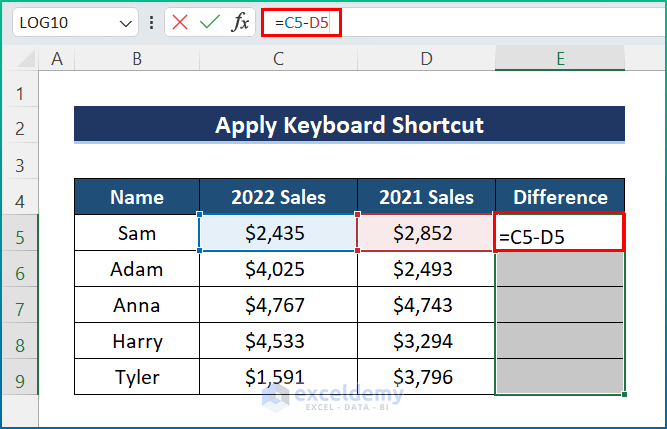 Apply Keyboard Shortcut for Applying a Formula to a Column in Excel