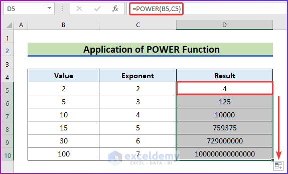 Apply POWER Function as An Easy Method to Calculate Exponential in Excel