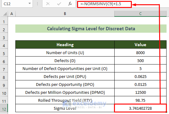 Calculated Sigma Level in Excel