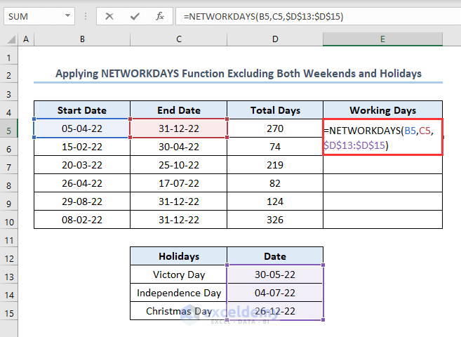 How to calculate Working Days Excluding Weekends and Holidays
