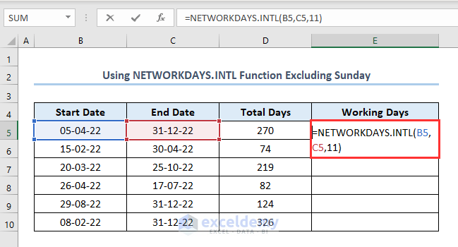 how to calculate working days in excel excluding sundays