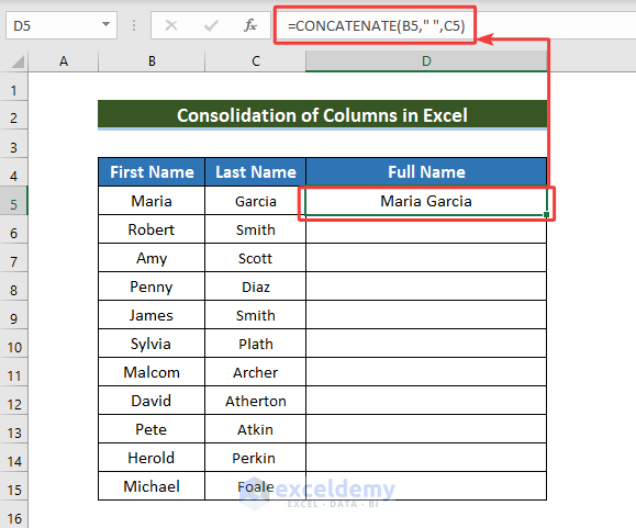 combine data across two columns using the CONCATENATE Function