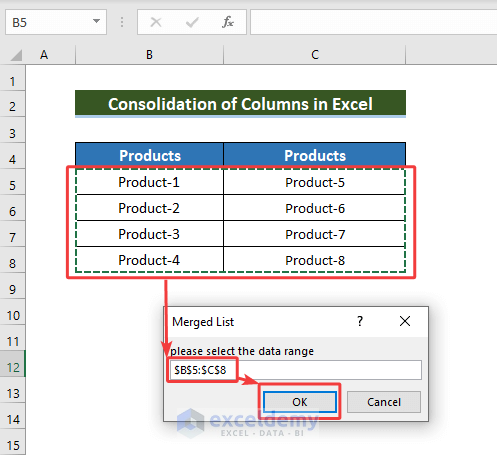 consolidate columns in Excel vertically