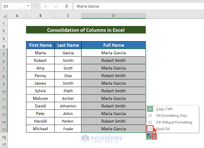 Choose Flash Fill to consolidate the columns